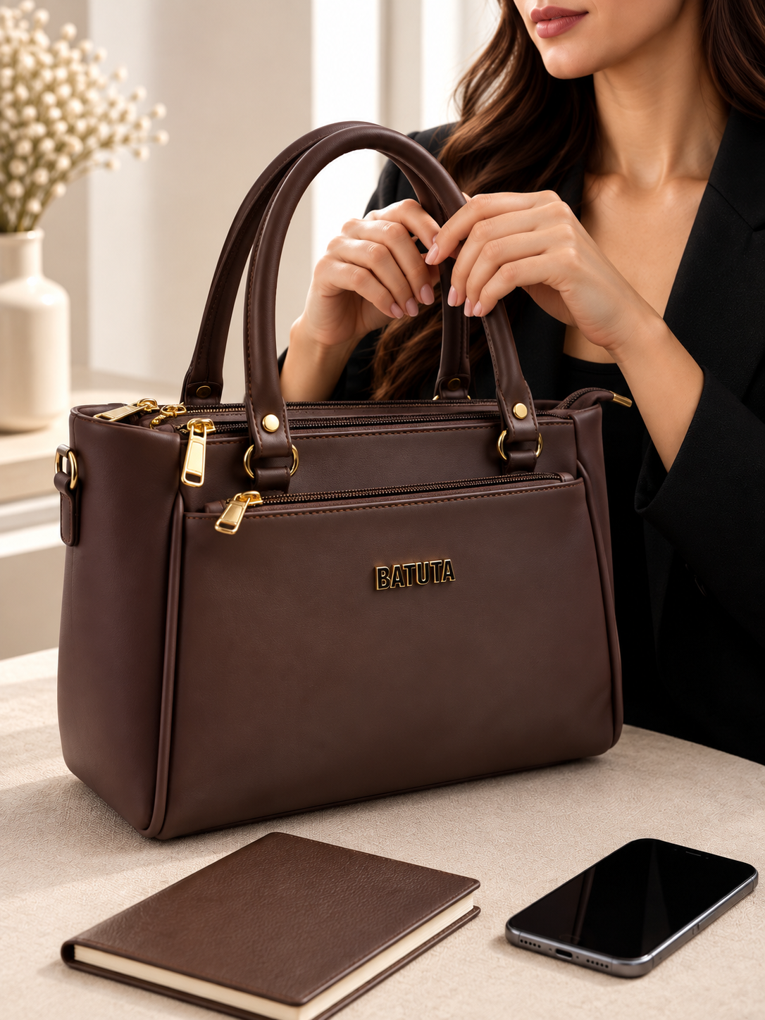 BATUTA Women’s Premium Faux Leather Handbag with Multiple Zipper Compartments, Double Handle & Sling Strap