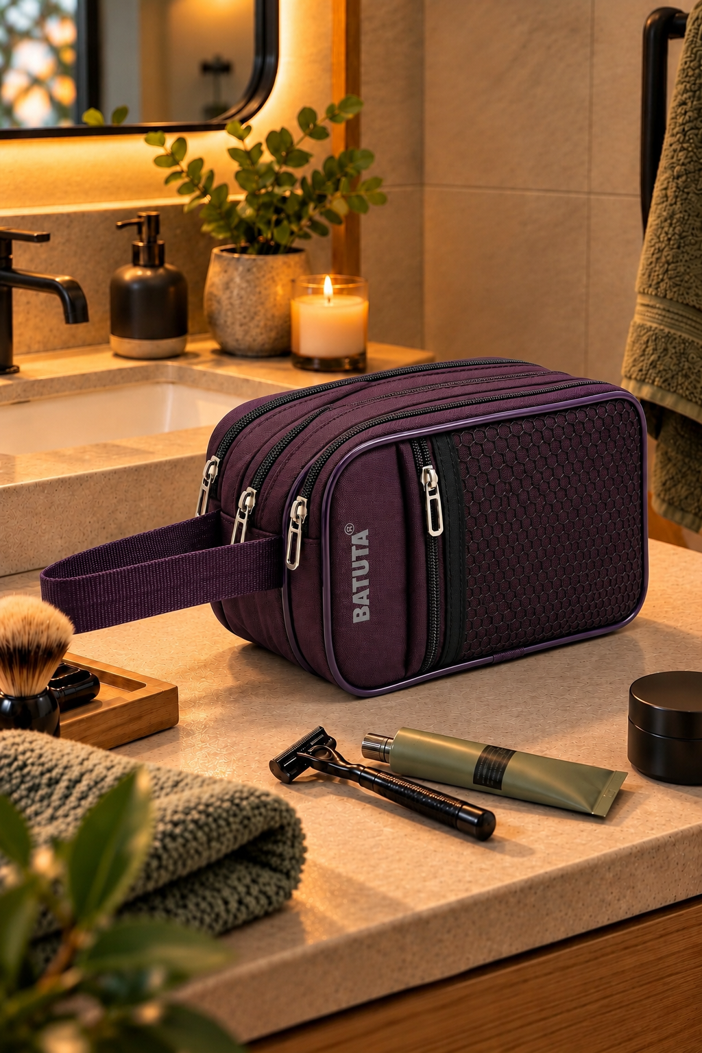BATUTA Men’s Shaving Kit Bag, Multi Compartment Travel Grooming Organizer Pouch