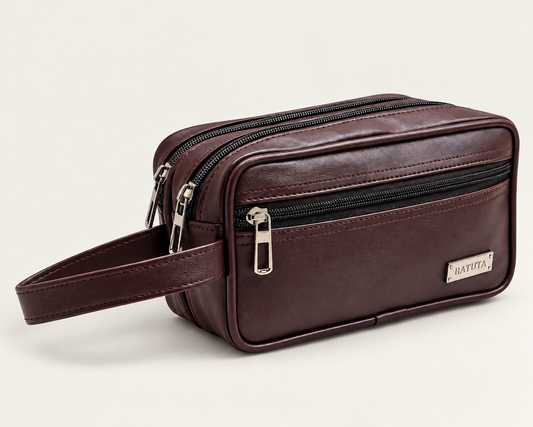 BATUTA Premium Faux Leather Toiletry & Travel Pouch for Men | Multi-Compartment Hand Carry Bag with Double Zipper | Compact Organizer for Grooming Essentials, Accessories & Daily Use