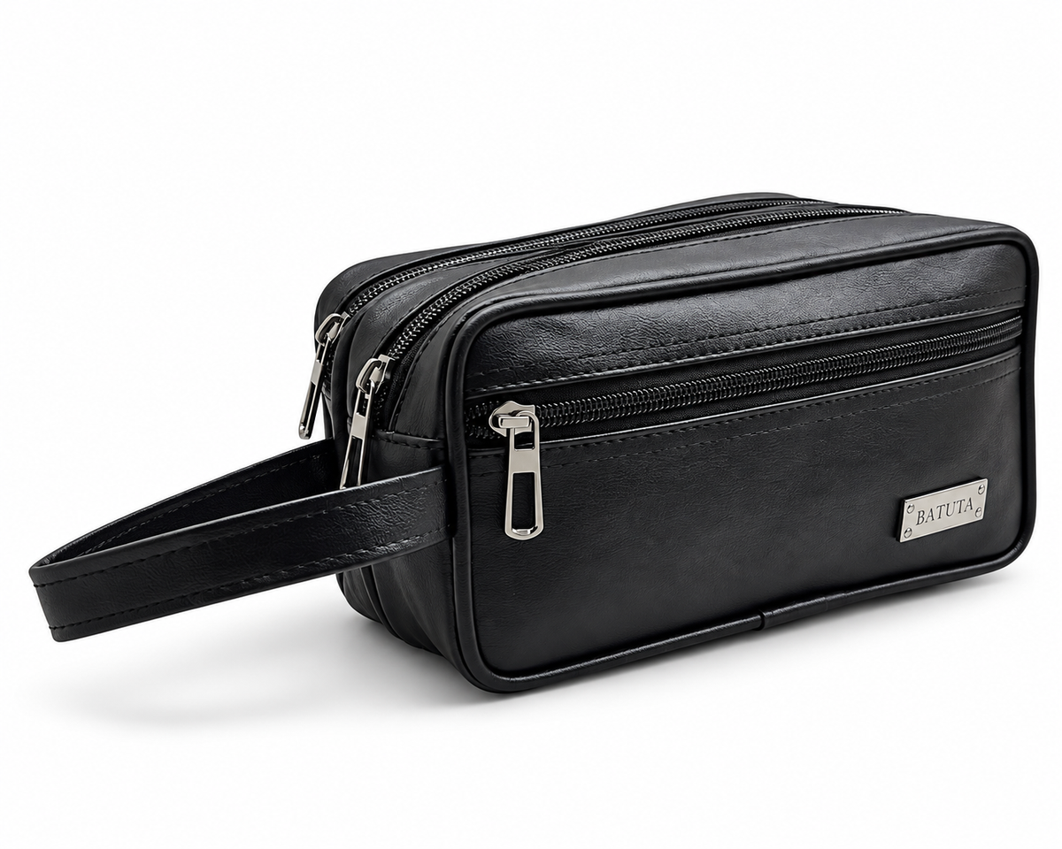 BATUTA Premium Faux Leather Toiletry & Travel Pouch for Men | Multi-Compartment Hand Carry Bag with Double Zipper | Compact Organizer for Grooming Essentials, Accessories & Daily Use