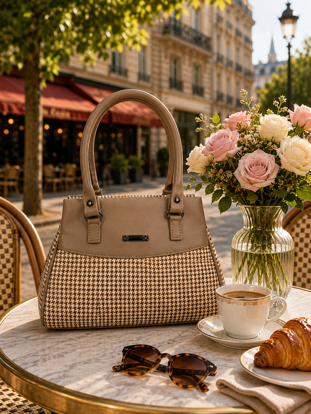 Women’s Stylish Handbag | Premium Houndstooth Pattern Tote Bag | Spacious 3-Zip Office & Daily Use Shoulder Bag