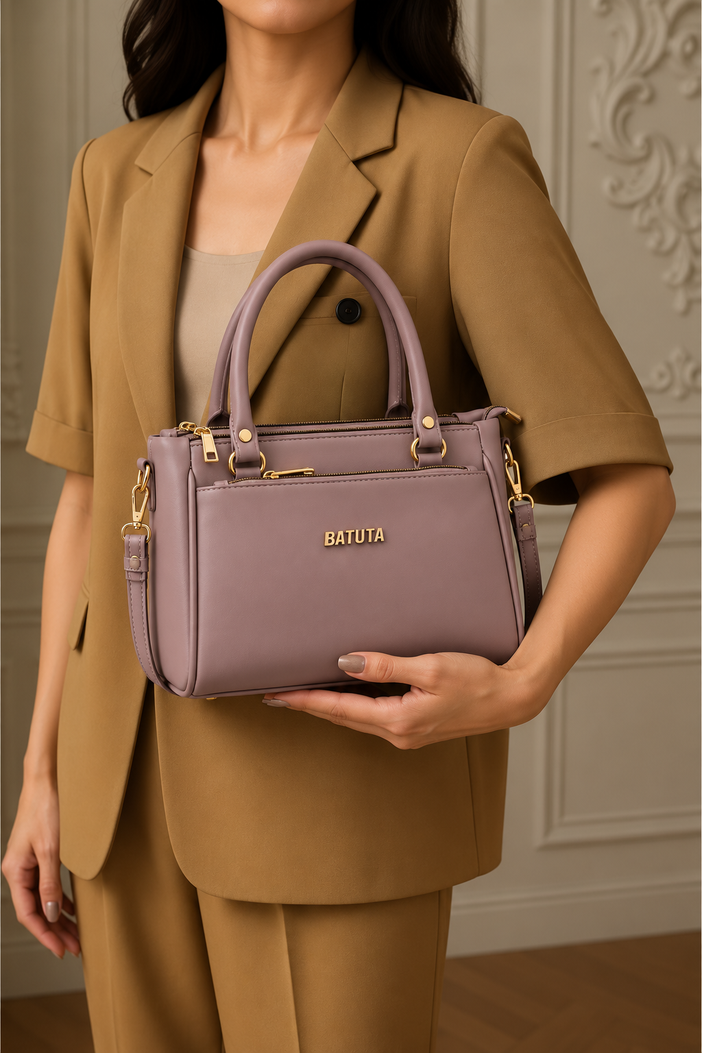 BATUTA Women’s Premium Faux Leather Handbag with Multiple Zipper Compartments, Double Handle & Sling Strap