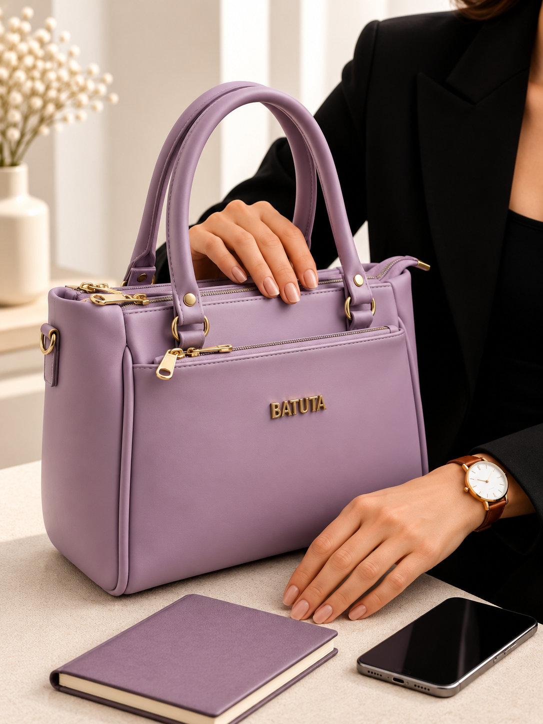 BATUTA Women’s Premium Faux Leather Handbag with Multiple Zipper Compartments, Double Handle & Sling Strap
