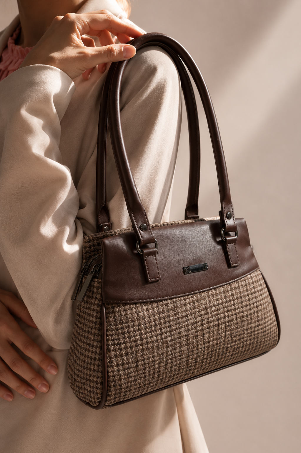 Women’s Stylish Handbag | Premium Houndstooth Pattern Tote Bag | Spacious 3-Zip Office & Daily Use Shoulder Bag