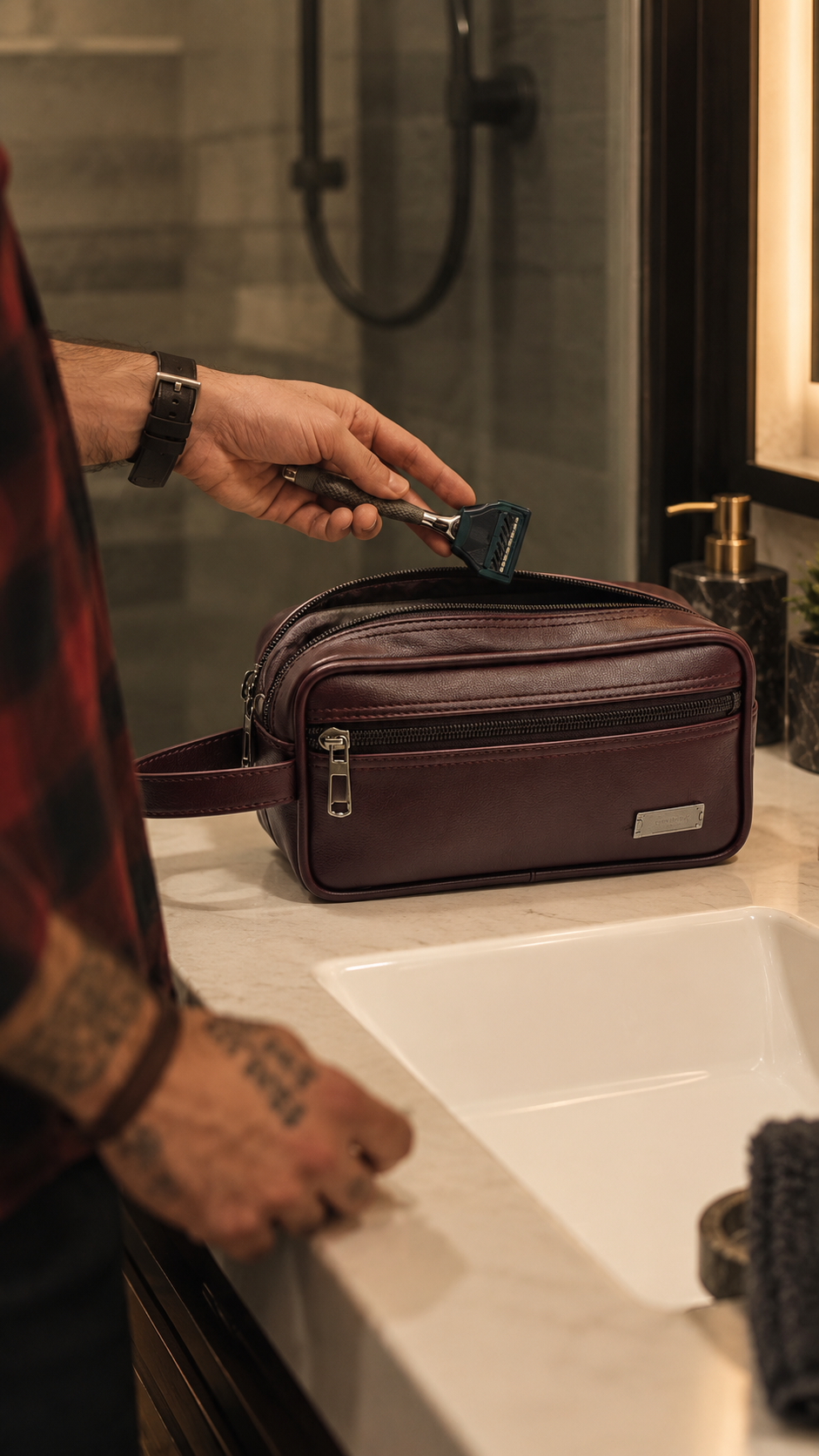 BATUTA Premium Faux Leather Toiletry & Travel Pouch for Men | Multi-Compartment Hand Carry Bag with Double Zipper | Compact Organizer for Grooming Essentials, Accessories & Daily Use