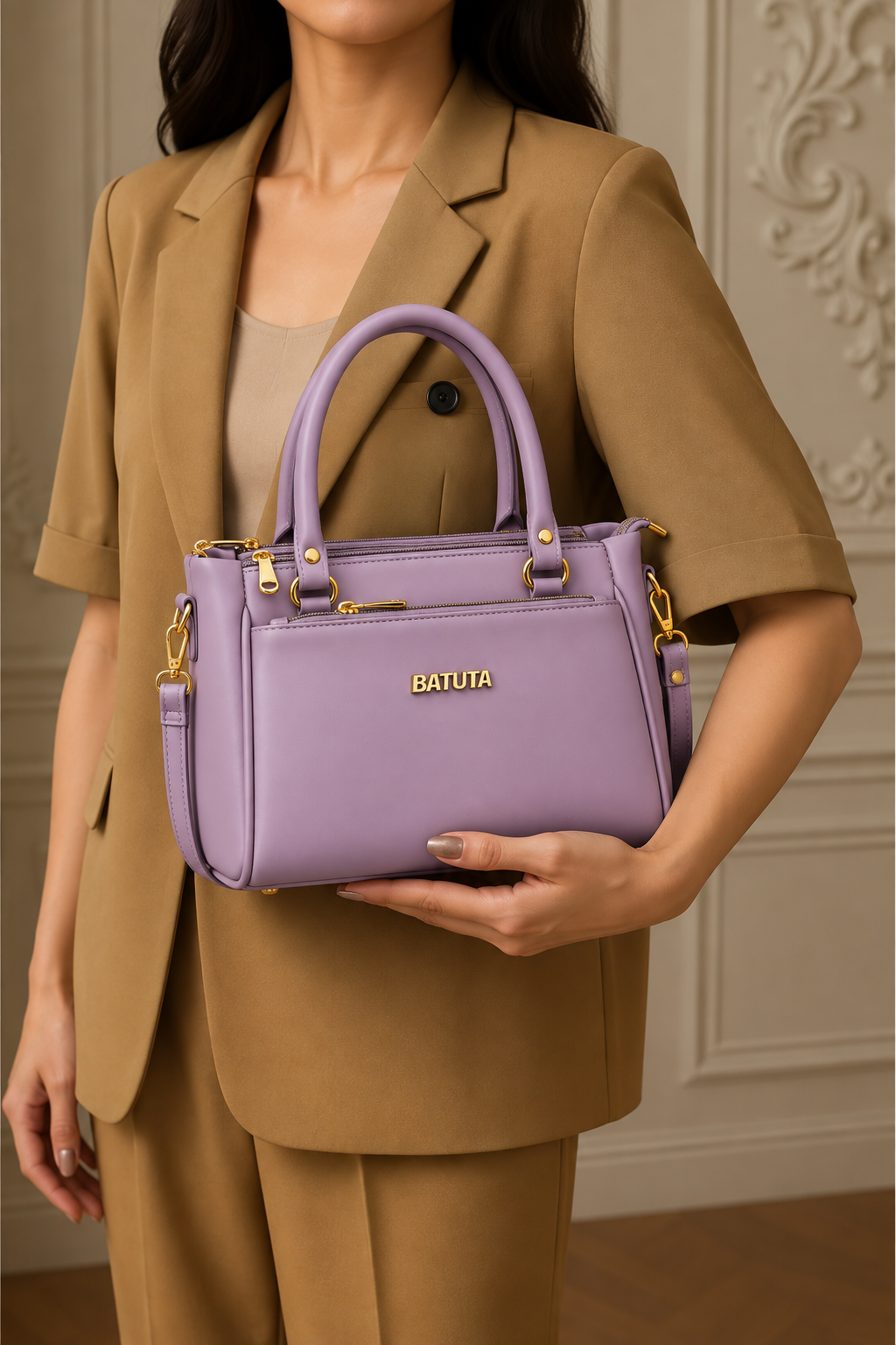BATUTA Women’s Premium Faux Leather Handbag with Multiple Zipper Compartments, Double Handle & Sling Strap