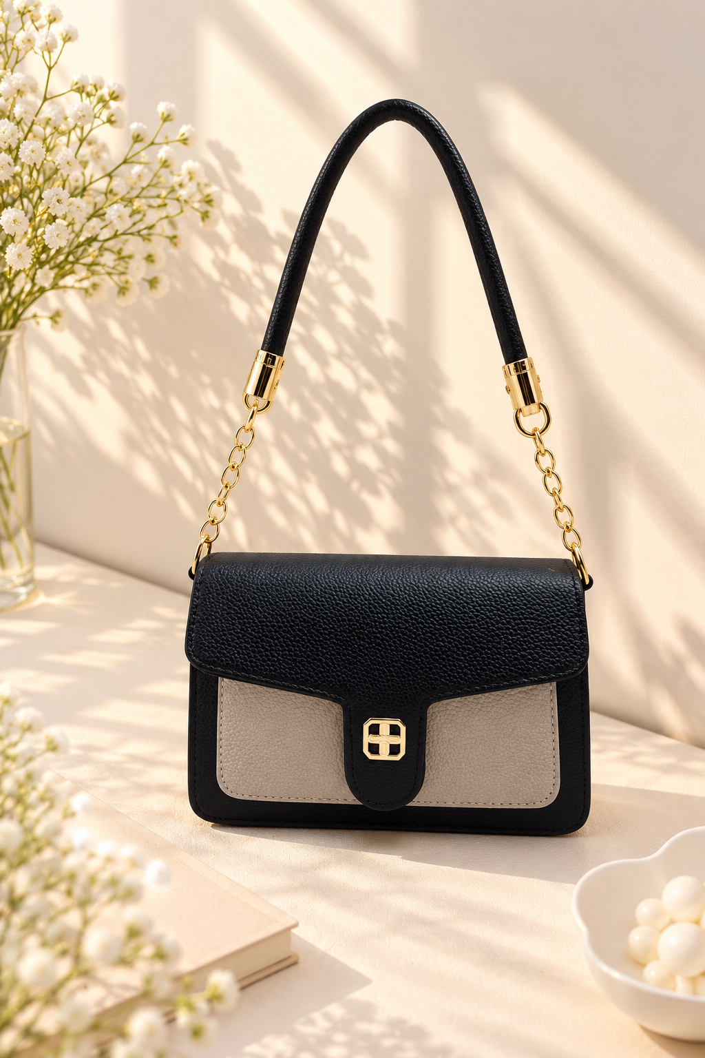 BATUTA Women's Premium Textured Shoulder Bag with Gold Chain Strap, Elegant Dual-Tone Handbag for Party, Office & Daily Use