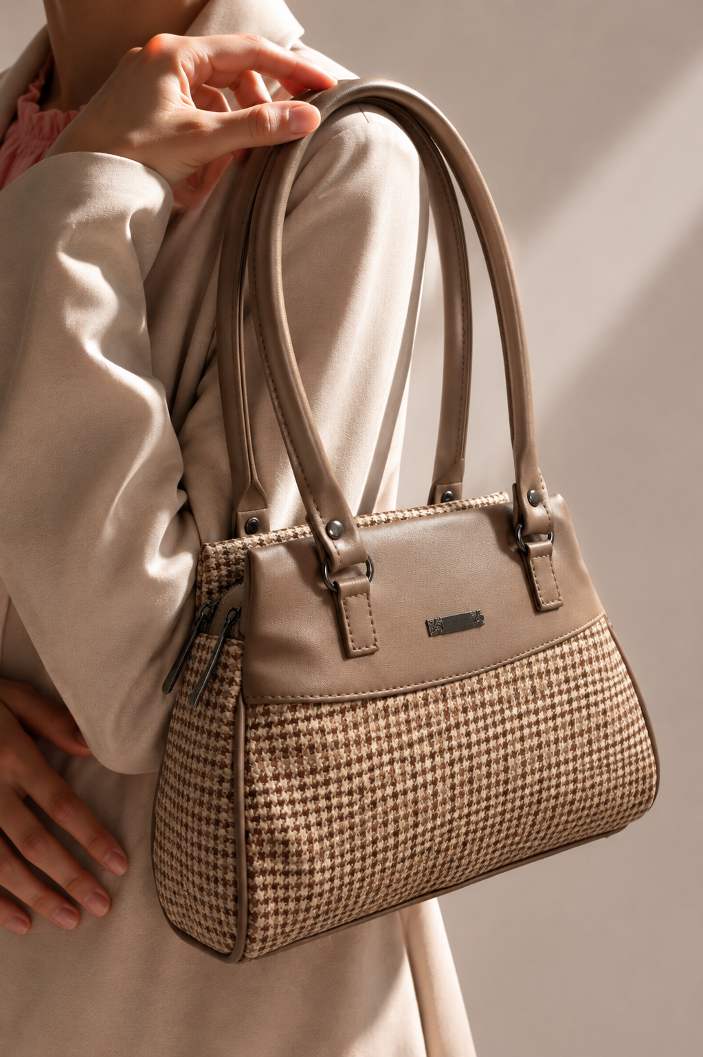 Women’s Stylish Handbag | Premium Houndstooth Pattern Tote Bag | Spacious 3-Zip Office & Daily Use Shoulder Bag