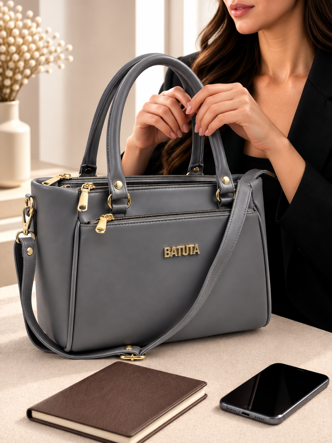BATUTA Women’s Premium Faux Leather Handbag with Multiple Zipper Compartments, Double Handle & Sling Strap
