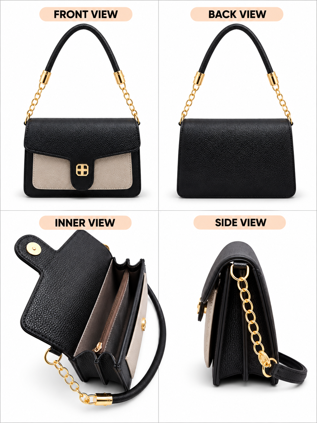 BATUTA Women's Premium Textured Shoulder Bag with Gold Chain Strap, Elegant Dual-Tone Handbag for Party, Office & Daily Use