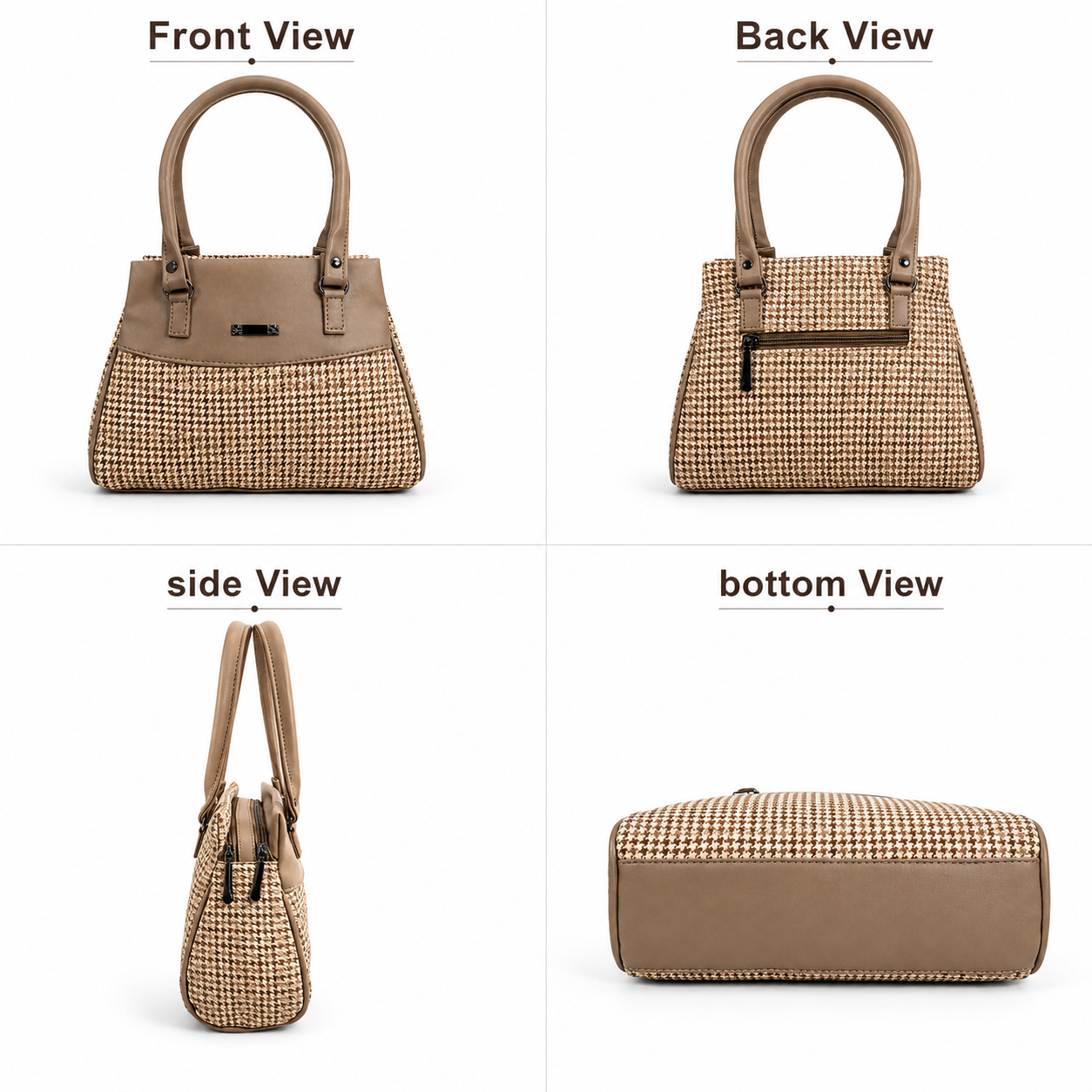 Women’s Stylish Handbag | Premium Houndstooth Pattern Tote Bag | Spacious 3-Zip Office & Daily Use Shoulder Bag