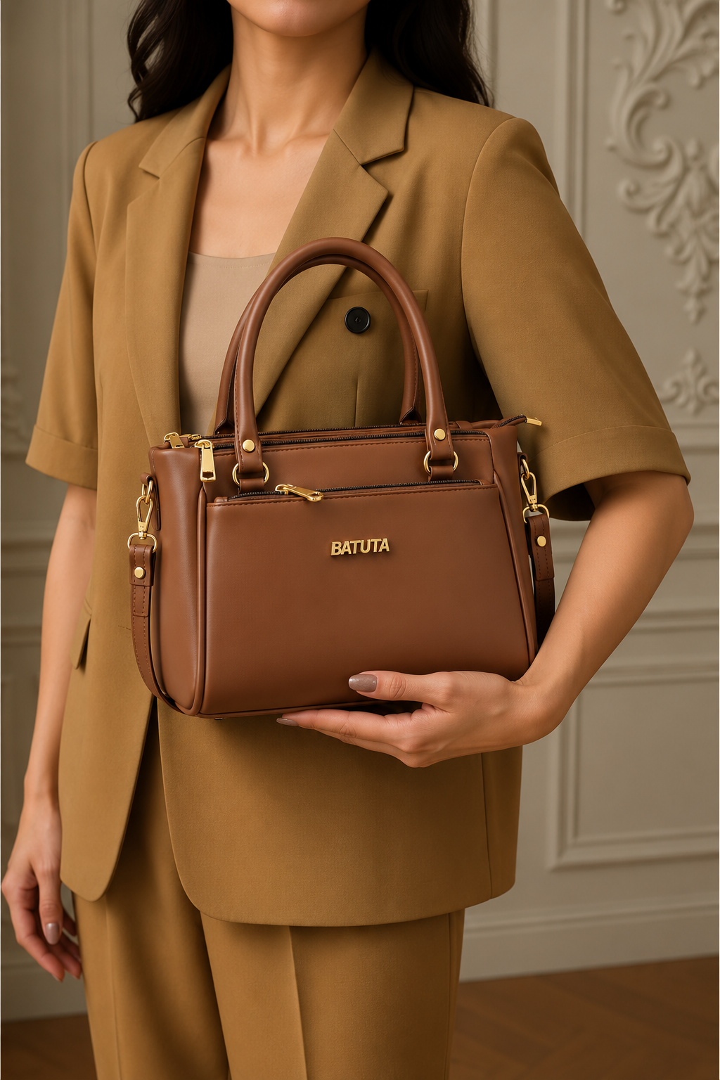 BATUTA Women’s Premium Faux Leather Handbag with Multiple Zipper Compartments, Double Handle & Sling Strap