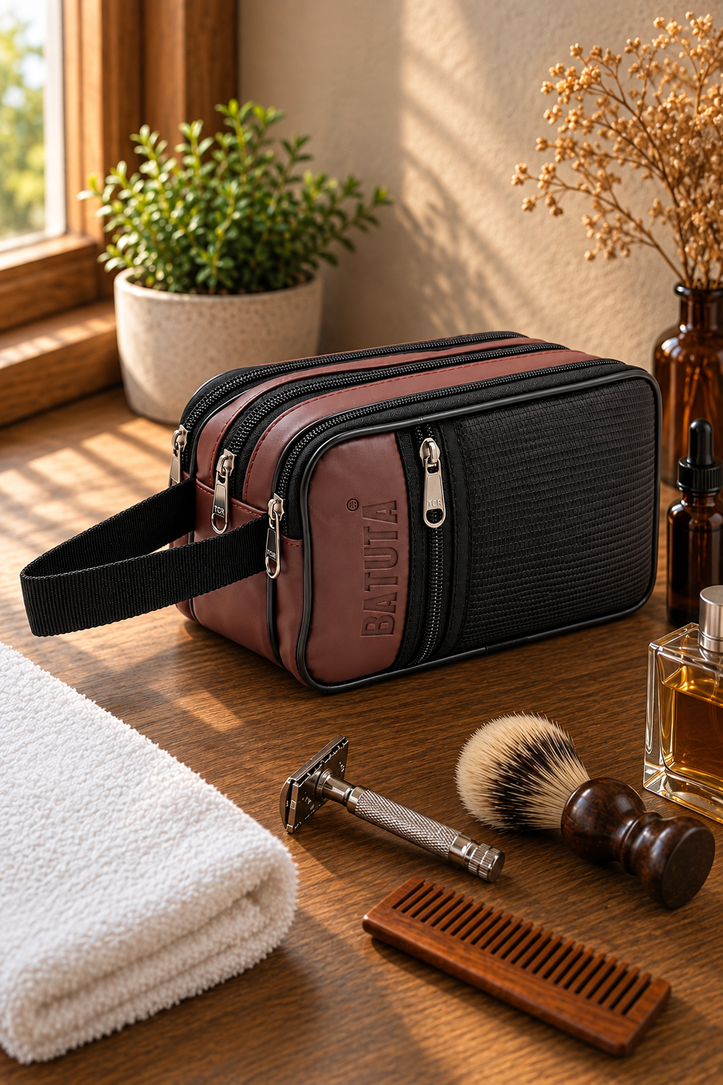 Premium Multi Zip Shaving Pouch for Men | Travel Toiletry Organizer Bag | Waterproof Grooming Kit Storage Pouch