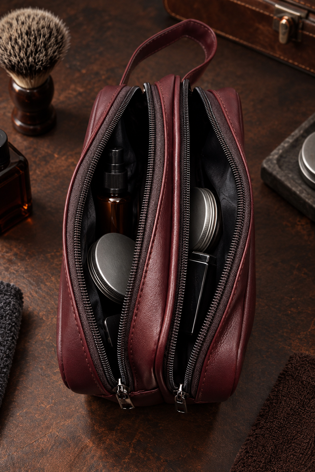 BATUTA Premium Faux Leather Toiletry & Travel Pouch for Men | Multi-Compartment Hand Carry Bag with Double Zipper | Compact Organizer for Grooming Essentials, Accessories & Daily Use