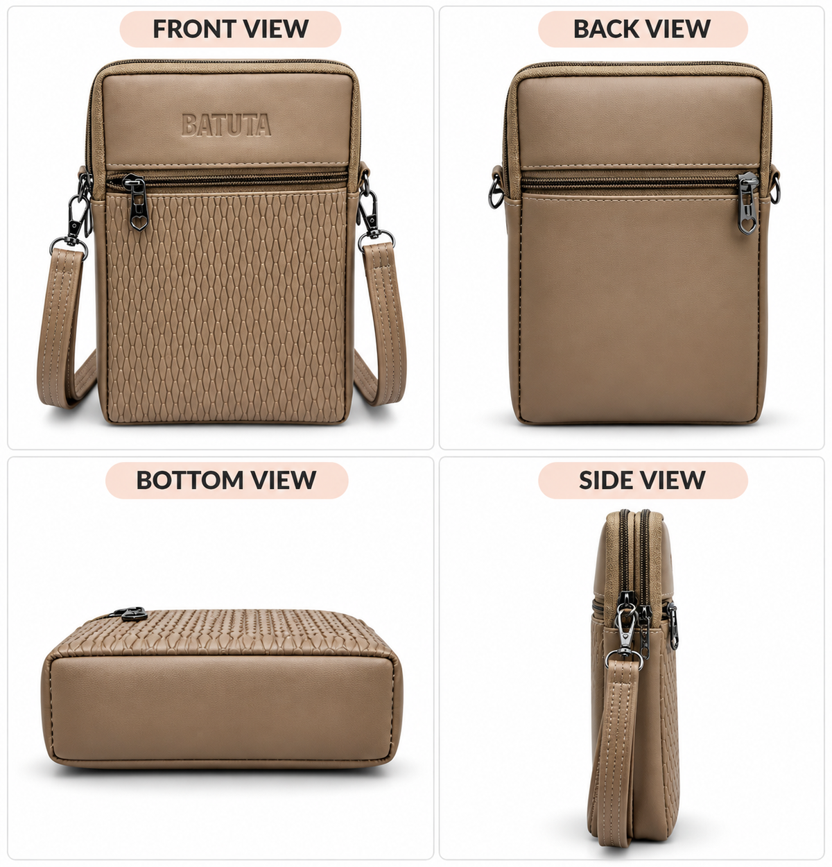 BATUTA HUB Women Crossbody Sling Bag | Premium PU Leather Small Size Bag for Girls & Ladies | Adjustable Strap | Multiple Zipper Pockets | Lightweight Daily Use Purse
