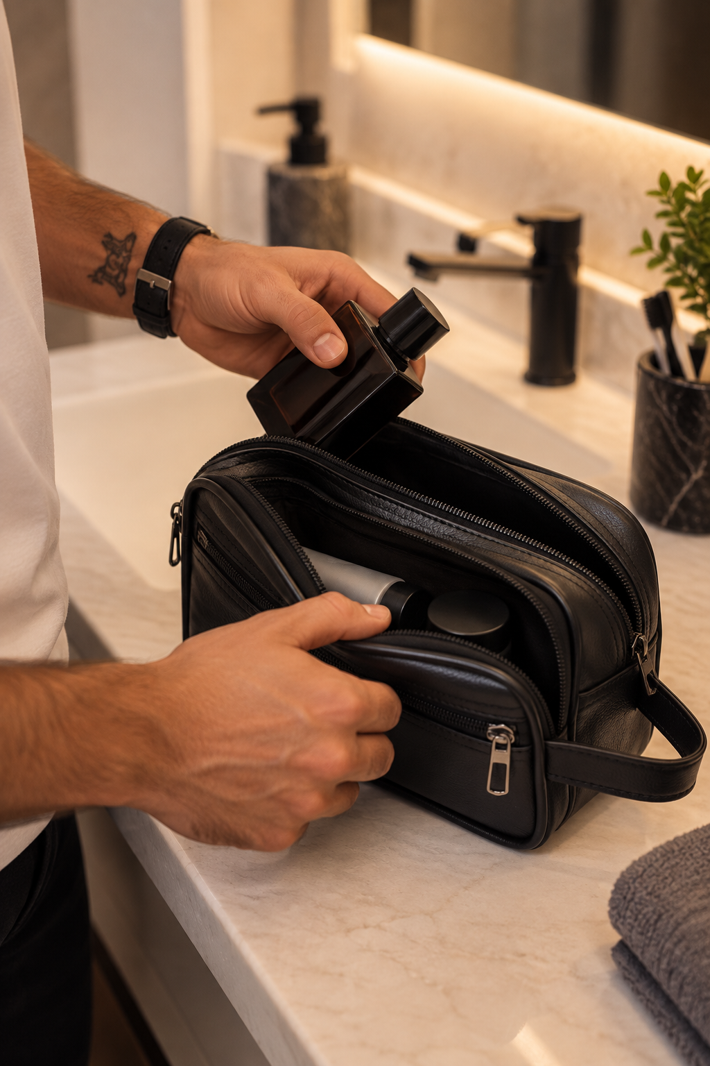 BATUTA Premium Faux Leather Toiletry & Travel Pouch for Men | Multi-Compartment Hand Carry Bag with Double Zipper | Compact Organizer for Grooming Essentials, Accessories & Daily Use