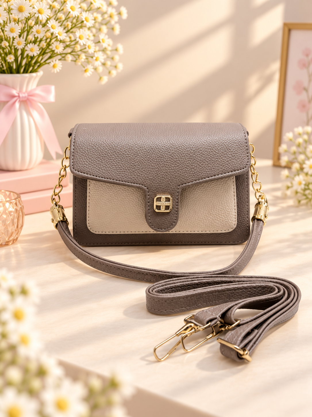 BATUTA Women's Premium Textured Shoulder Bag with Gold Chain Strap, Elegant Dual-Tone Handbag for Party, Office & Daily Use