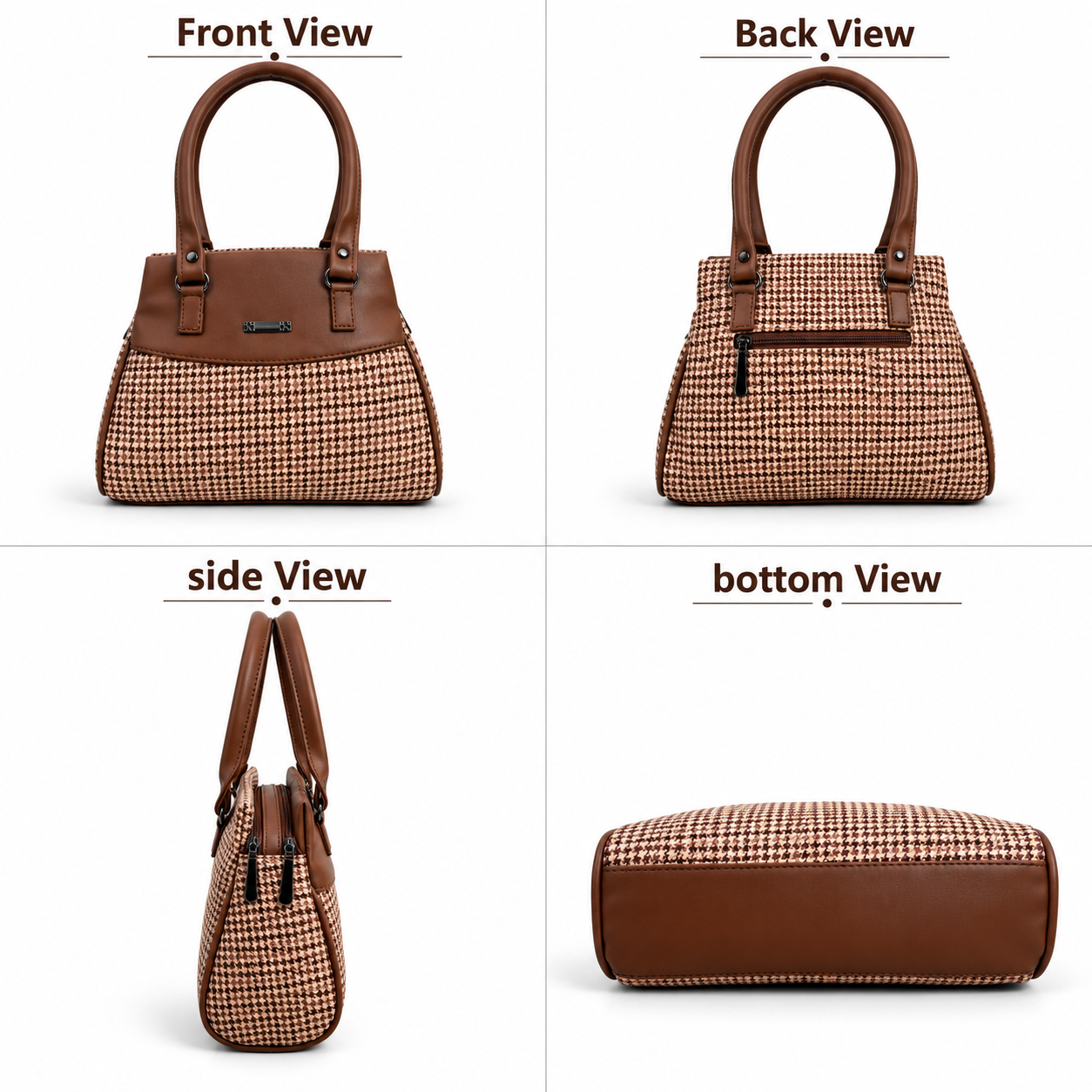 Women’s Stylish Handbag | Premium Houndstooth Pattern Tote Bag | Spacious 3-Zip Office & Daily Use Shoulder Bag