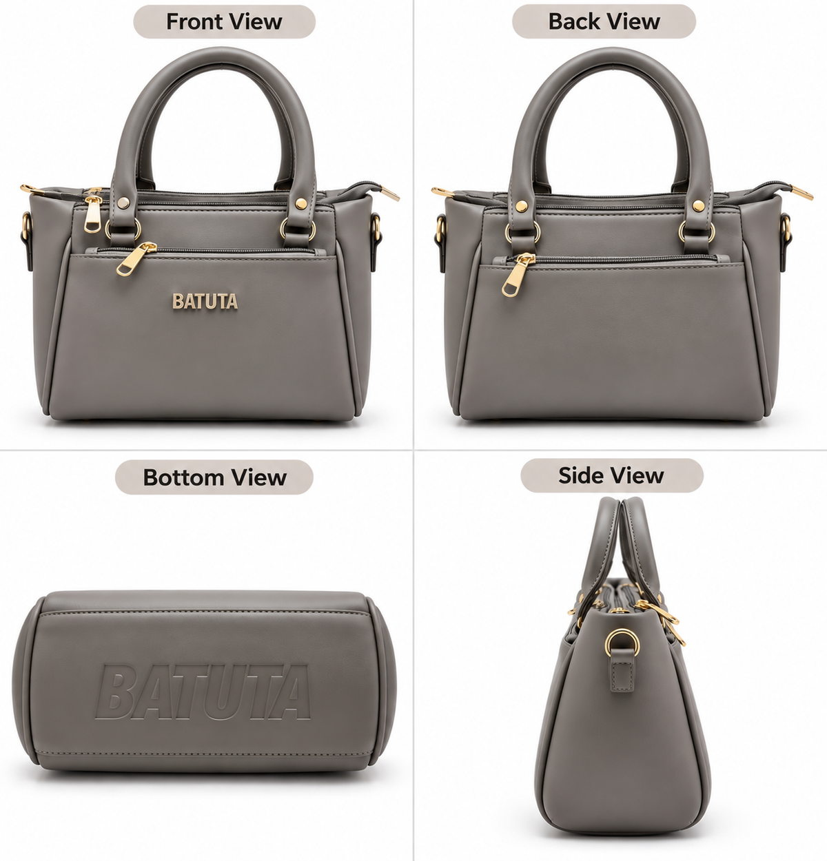 BATUTA Women’s Premium Faux Leather Handbag with Multiple Zipper Compartments, Double Handle & Sling Strap