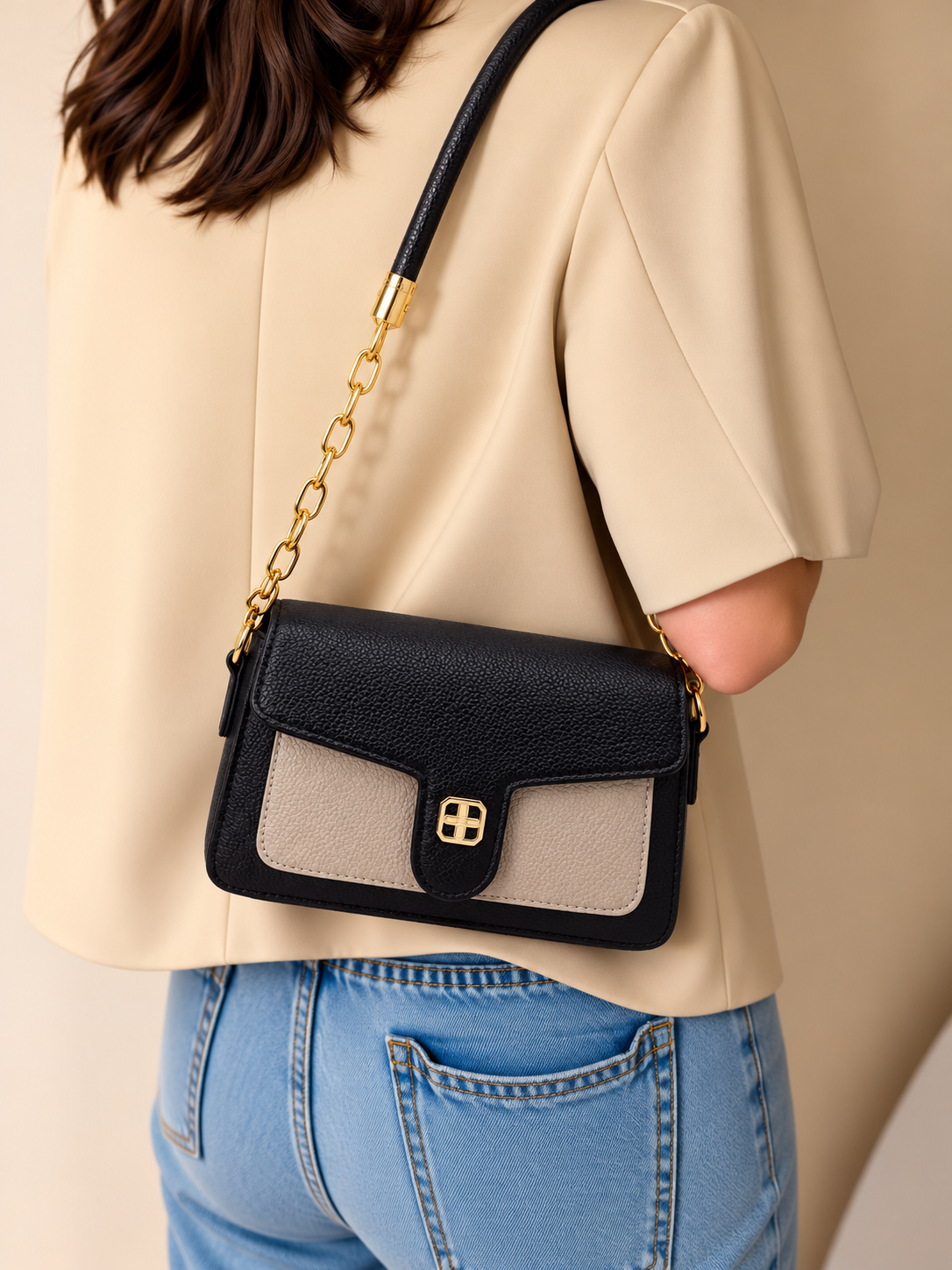 BATUTA Women's Premium Textured Shoulder Bag with Gold Chain Strap, Elegant Dual-Tone Handbag for Party, Office & Daily Use