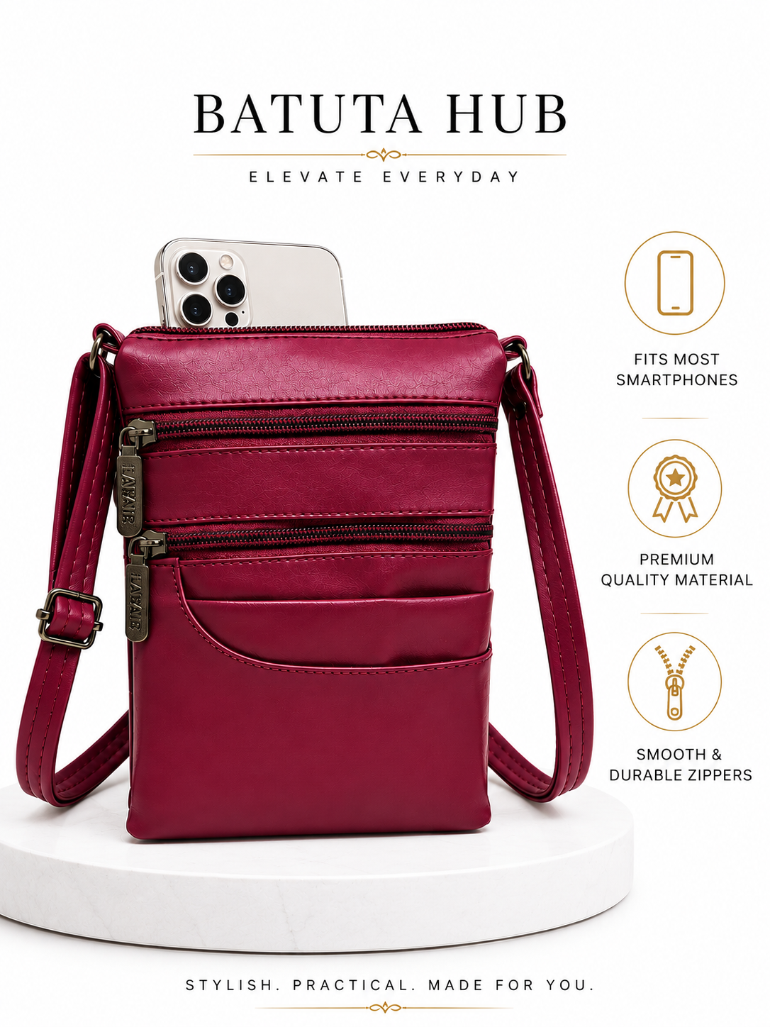Women's Premium Faux Leather Crossbody Sling Bag with Multiple Zip Pockets