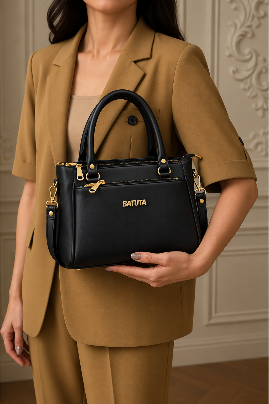 BATUTA Women’s Premium Faux Leather Handbag with Multiple Zipper Compartments, Double Handle & Sling Strap