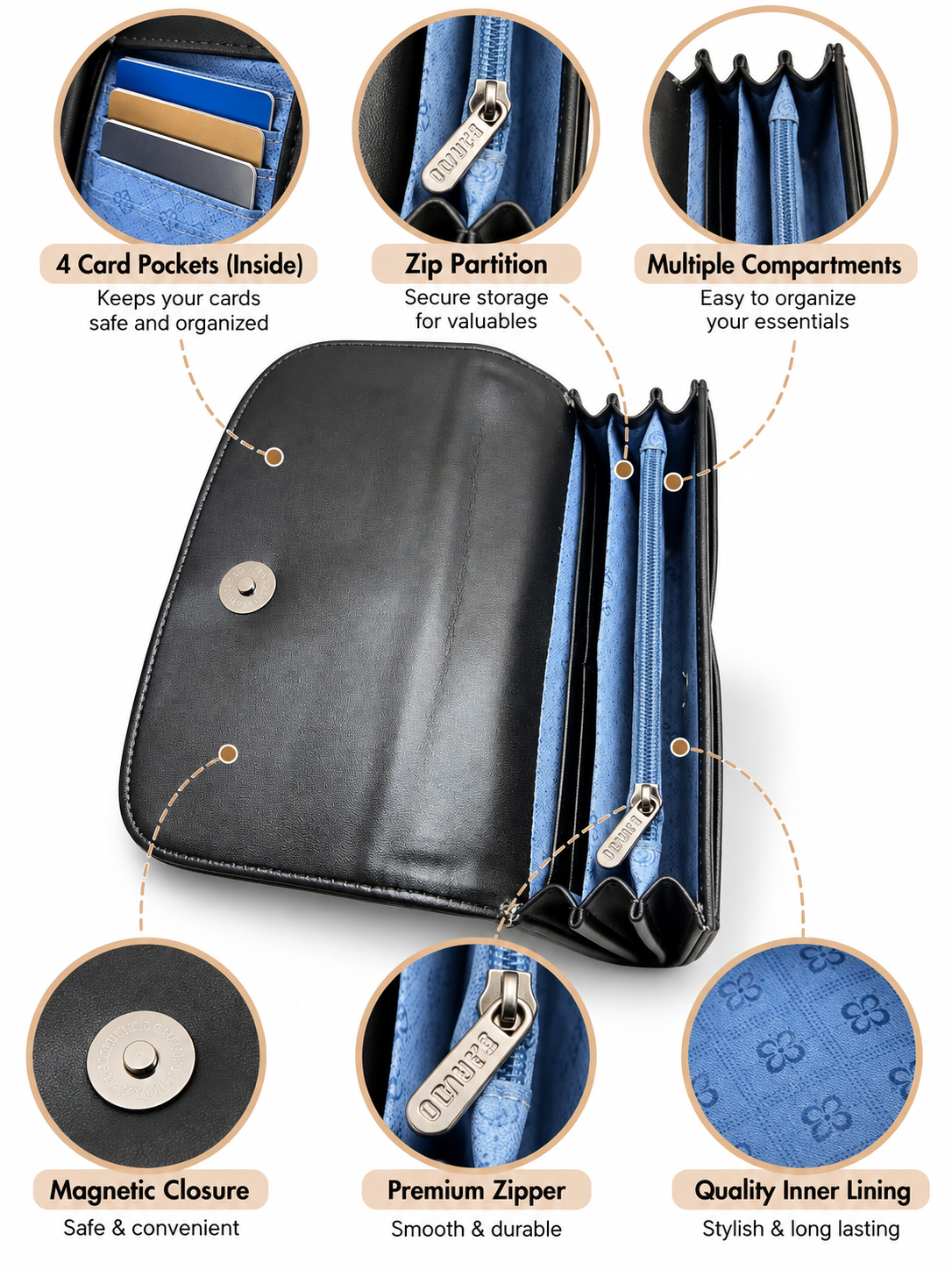 Women’s Stylish Clutch Wallet with Flap Closure | Elegant PU Leather Long Wallet for Women | Multiple Compartments & Card Holder |