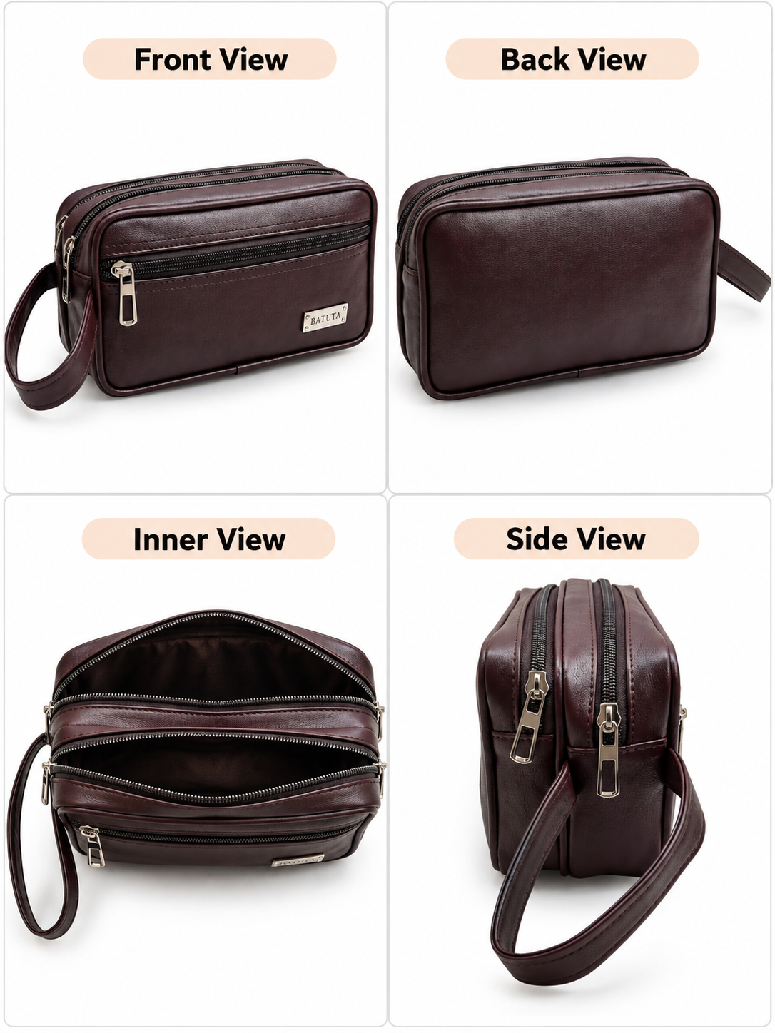 BATUTA Premium Faux Leather Toiletry & Travel Pouch for Men | Multi-Compartment Hand Carry Bag with Double Zipper | Compact Organizer for Grooming Essentials, Accessories & Daily Use