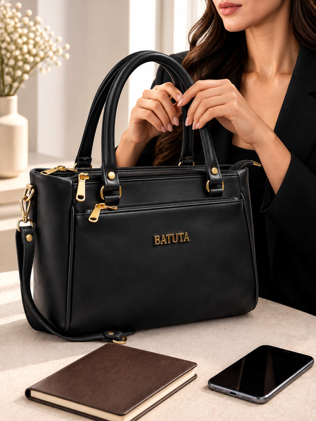BATUTA Women’s Premium Faux Leather Handbag with Multiple Zipper Compartments, Double Handle & Sling Strap