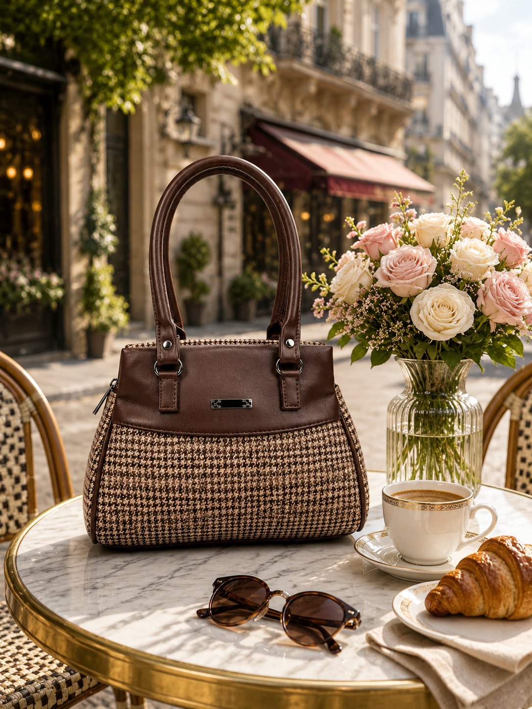 Women’s Stylish Handbag | Premium Houndstooth Pattern Tote Bag | Spacious 3-Zip Office & Daily Use Shoulder Bag