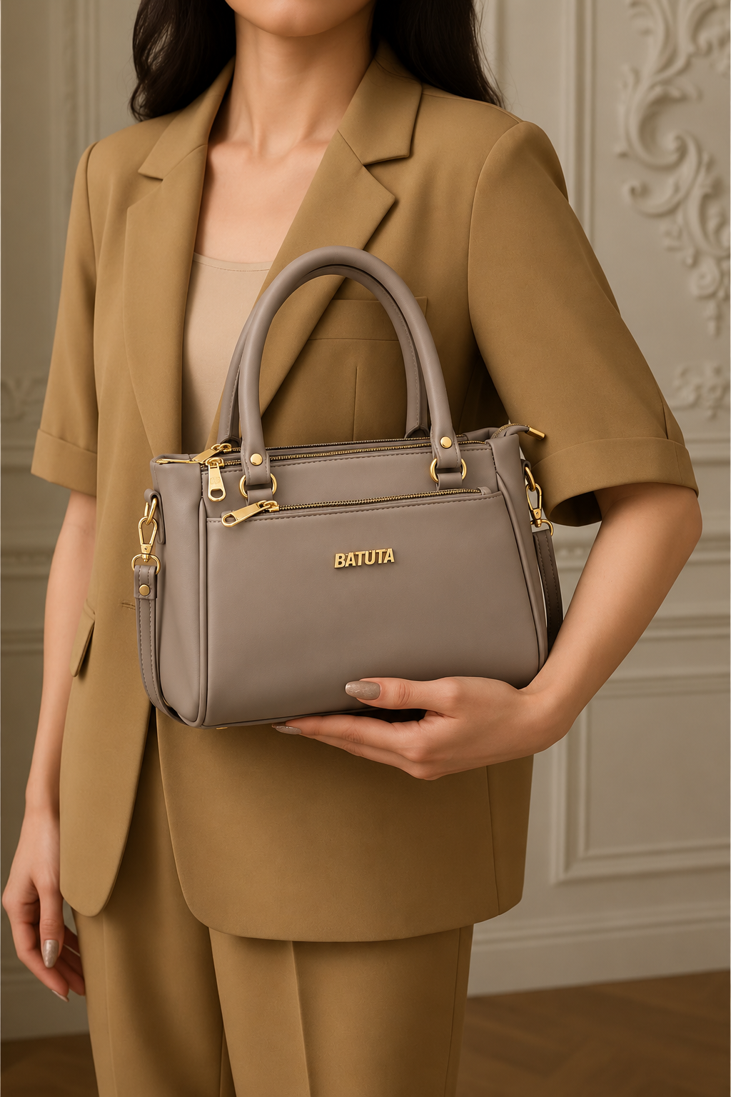 BATUTA Women’s Premium Faux Leather Handbag with Multiple Zipper Compartments, Double Handle & Sling Strap