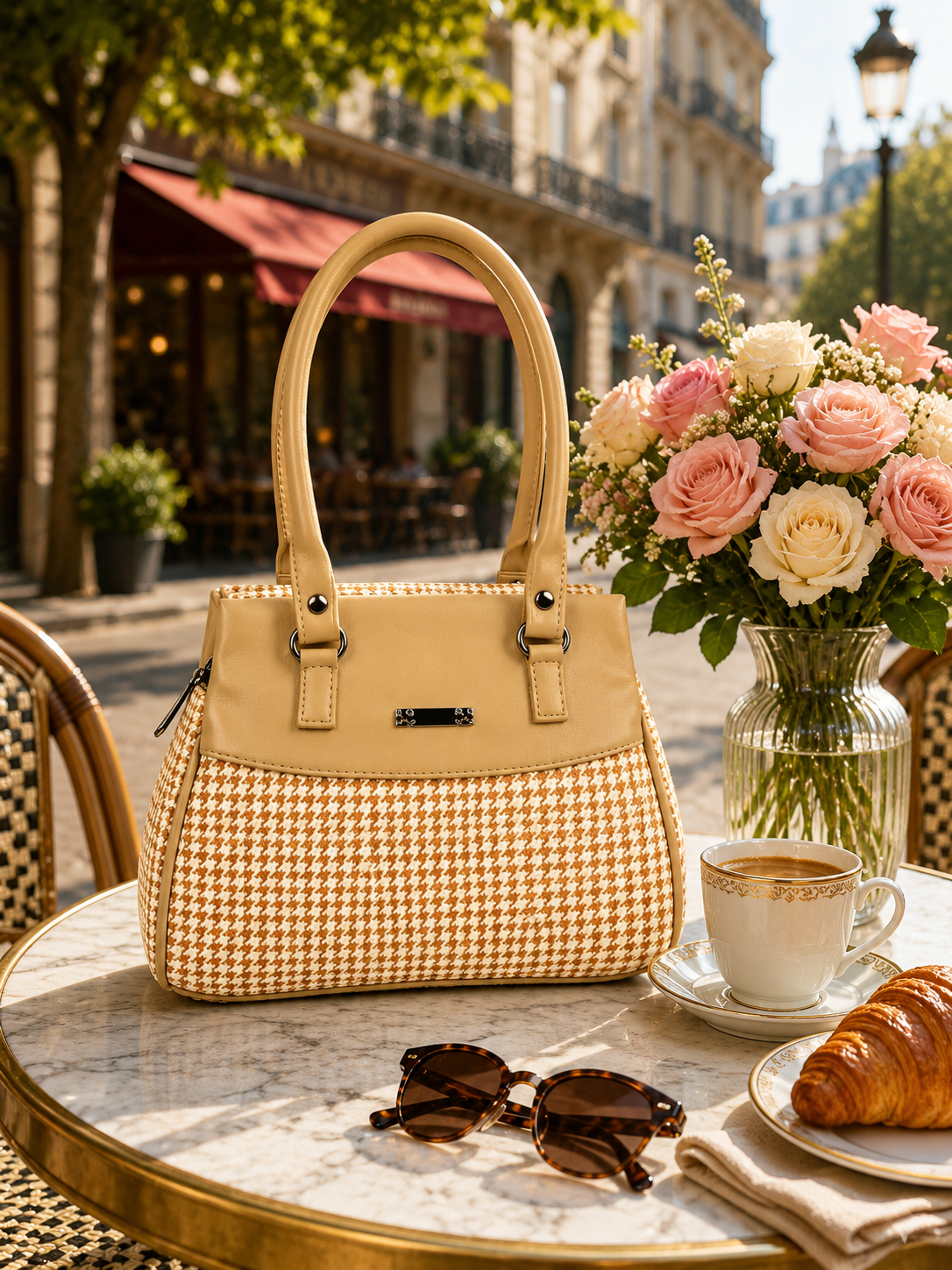 Women’s Stylish Handbag | Premium Houndstooth Pattern Tote Bag | Spacious 3-Zip Office & Daily Use Shoulder Bag
