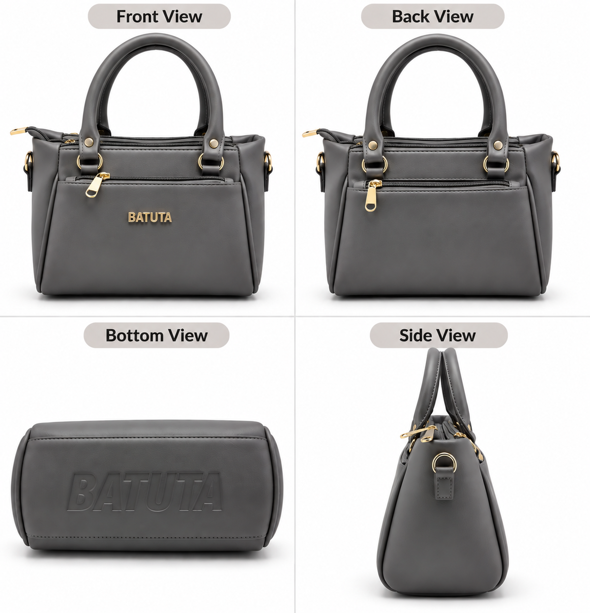 BATUTA Women’s Premium Faux Leather Handbag with Multiple Zipper Compartments, Double Handle & Sling Strap
