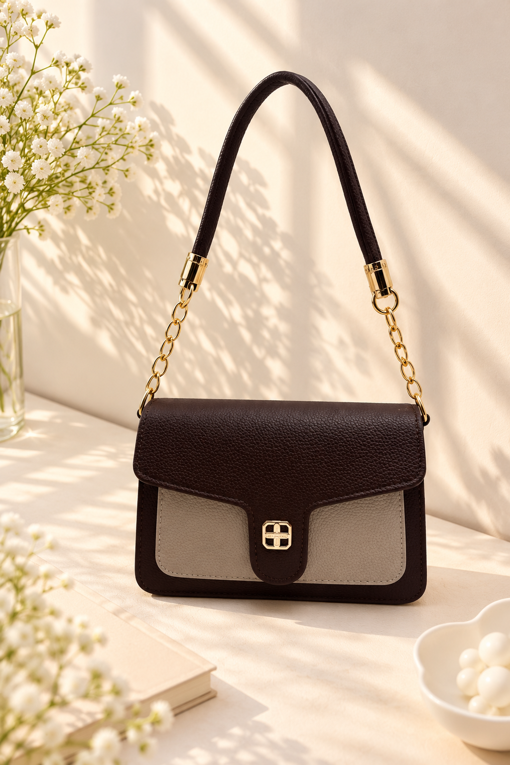 BATUTA Women's Premium Textured Shoulder Bag with Gold Chain Strap, Elegant Dual-Tone Handbag for Party, Office & Daily Use