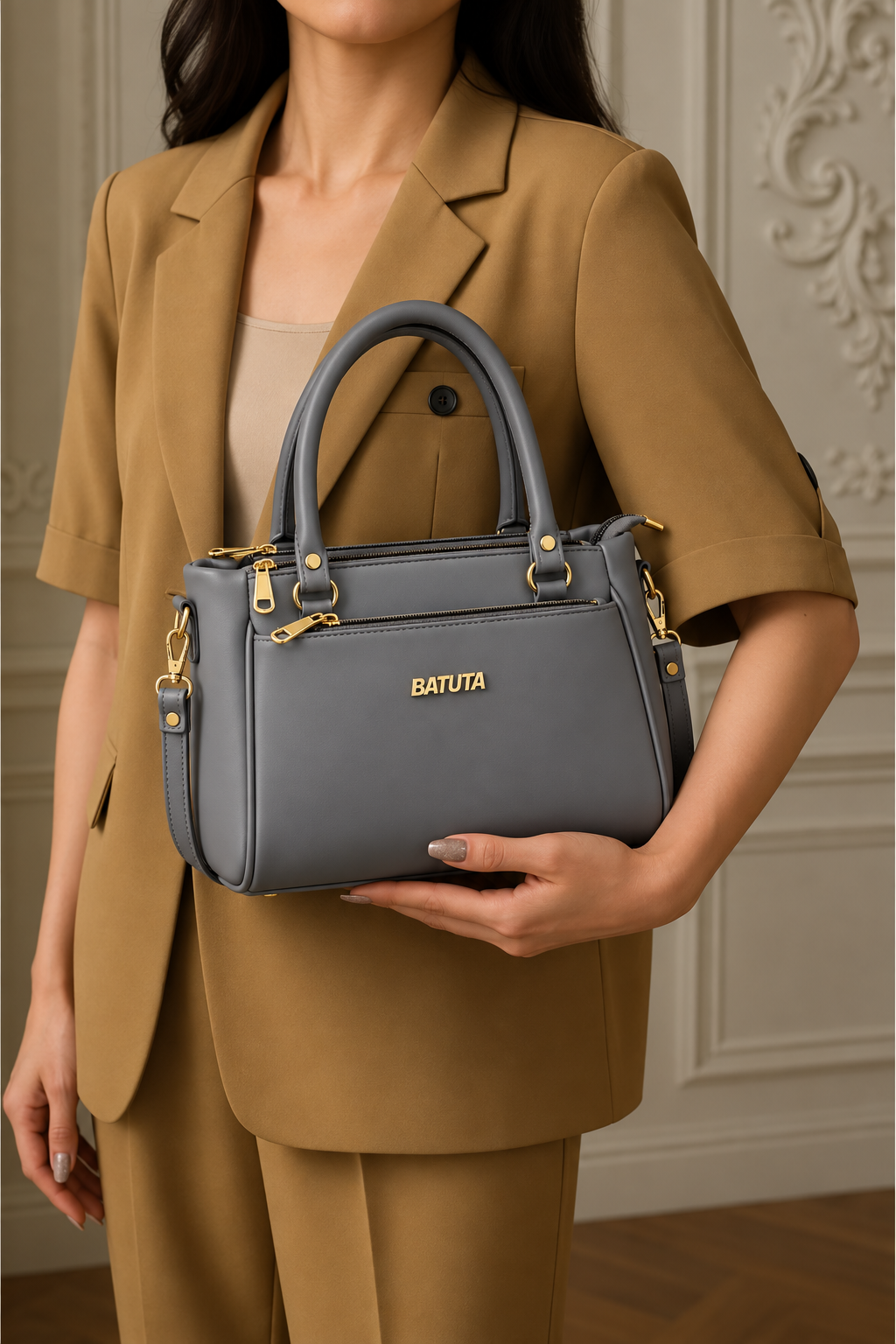 BATUTA Women’s Premium Faux Leather Handbag with Multiple Zipper Compartments, Double Handle & Sling Strap