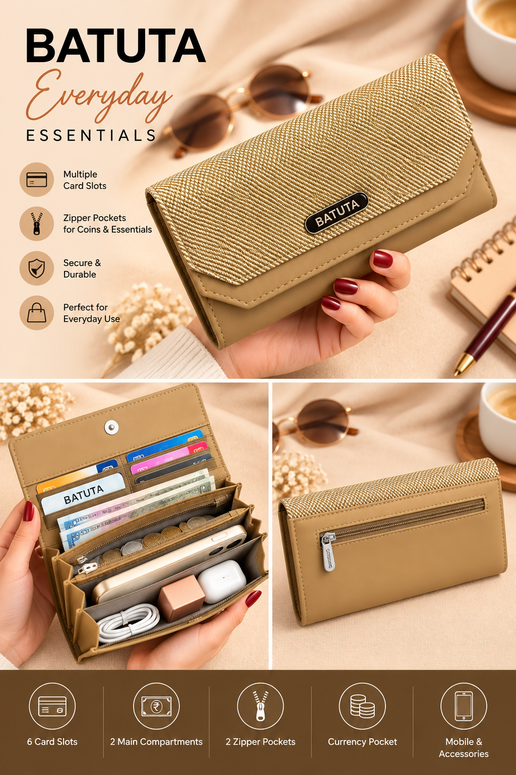 BATUTA Women’s Three Zip Multi-Compartment Clutch Wallet | Stylish Long Purse with Zipper Pocket | Spacious Ladies Wallet for Cash, Cards & Mobile