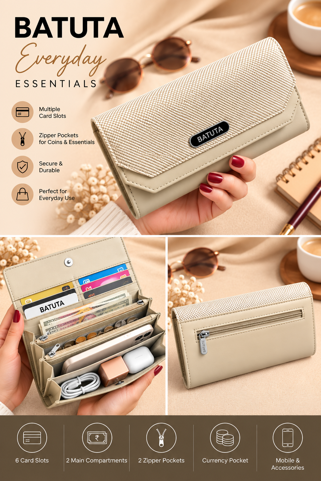BATUTA Women’s Three Zip Multi-Compartment Clutch Wallet | Stylish Long Purse with Zipper Pocket | Spacious Ladies Wallet for Cash, Cards & Mobile