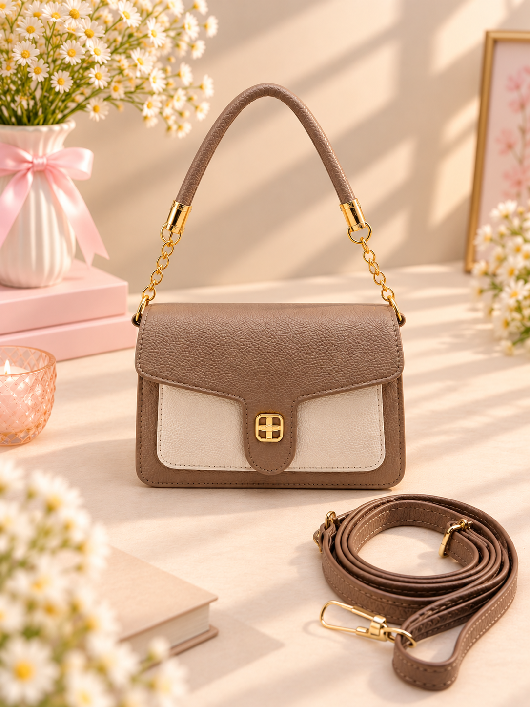 BATUTA Women's Premium Textured Shoulder Bag with Gold Chain Strap, Elegant Dual-Tone Handbag for Party, Office & Daily Use