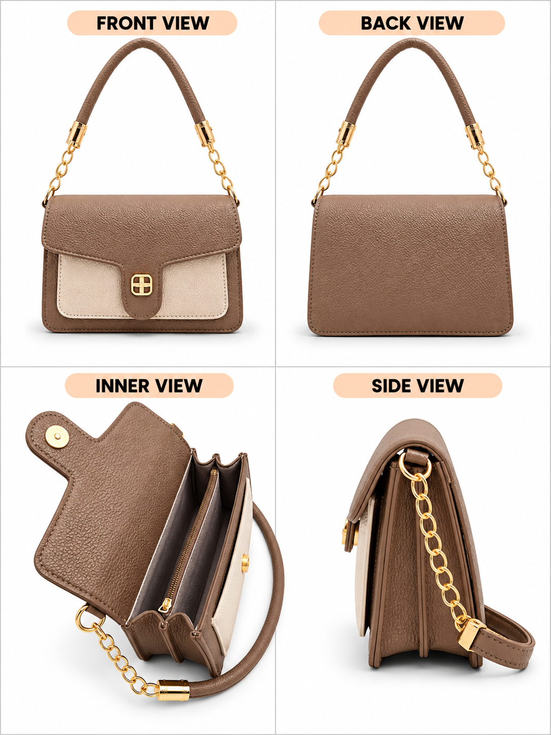 BATUTA Women's Premium Textured Shoulder Bag with Gold Chain Strap, Elegant Dual-Tone Handbag for Party, Office & Daily Use
