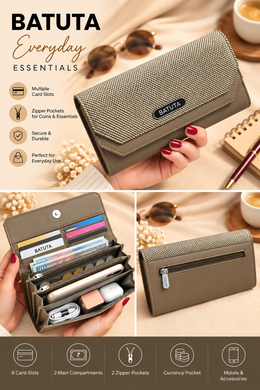 BATUTA Women’s Three Zip Multi-Compartment Clutch Wallet | Stylish Long Purse with Zipper Pocket | Spacious Ladies Wallet for Cash, Cards & Mobile