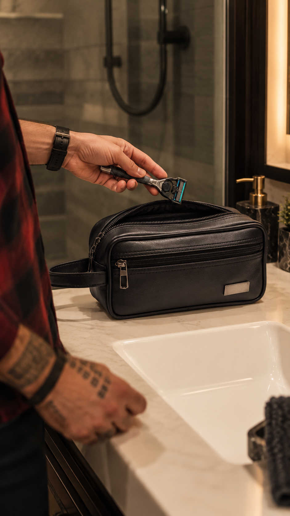 BATUTA Premium Faux Leather Toiletry & Travel Pouch for Men | Multi-Compartment Hand Carry Bag with Double Zipper | Compact Organizer for Grooming Essentials, Accessories & Daily Use