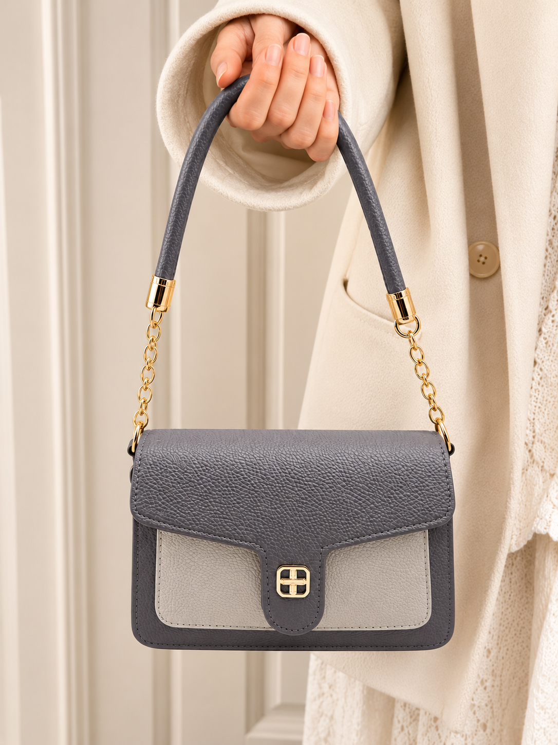 BATUTA Women's Premium Textured Shoulder Bag with Gold Chain Strap, Elegant Dual-Tone Handbag for Party, Office & Daily Use