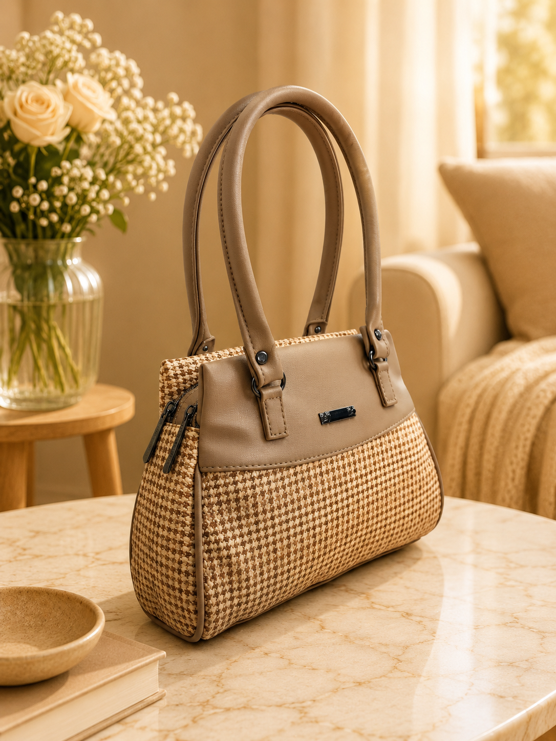 Women’s Stylish Handbag | Premium Houndstooth Pattern Tote Bag | Spacious 3-Zip Office & Daily Use Shoulder Bag