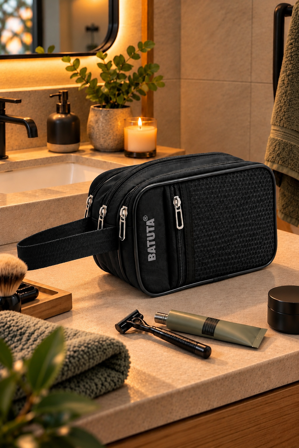 BATUTA Men’s Shaving Kit Bag, Multi Compartment Travel Grooming Organizer Pouch