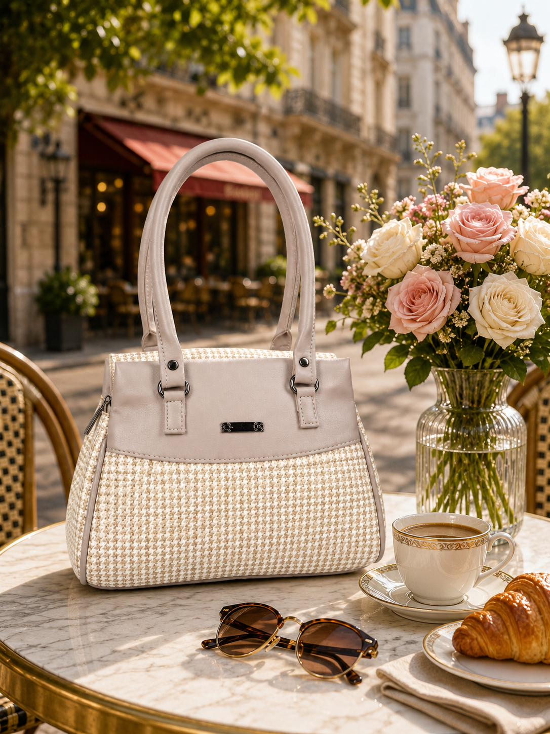 Women’s Stylish Handbag | Premium Houndstooth Pattern Tote Bag | Spacious 3-Zip Office & Daily Use Shoulder Bag