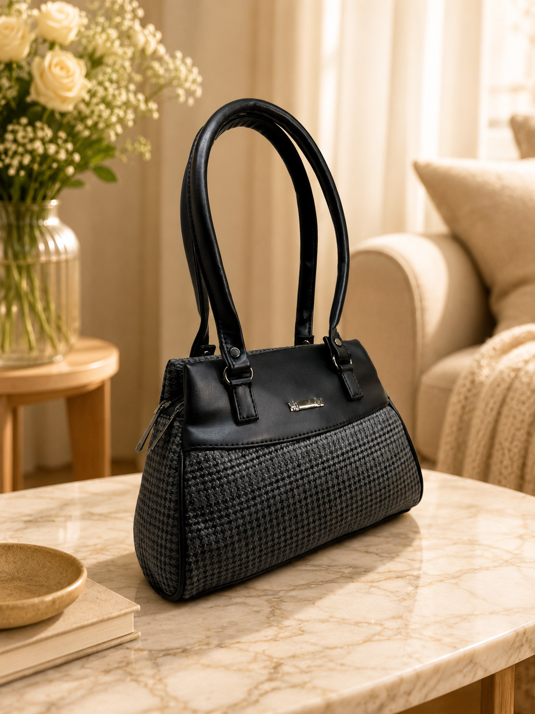 Women’s Stylish Handbag | Premium Houndstooth Pattern Tote Bag | Spacious 3-Zip Office & Daily Use Shoulder Bag