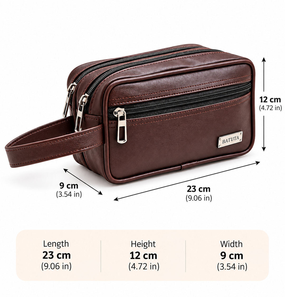 BATUTA Premium Faux Leather Toiletry & Travel Pouch for Men | Multi-Compartment Hand Carry Bag with Double Zipper | Compact Organizer for Grooming Essentials, Accessories & Daily Use