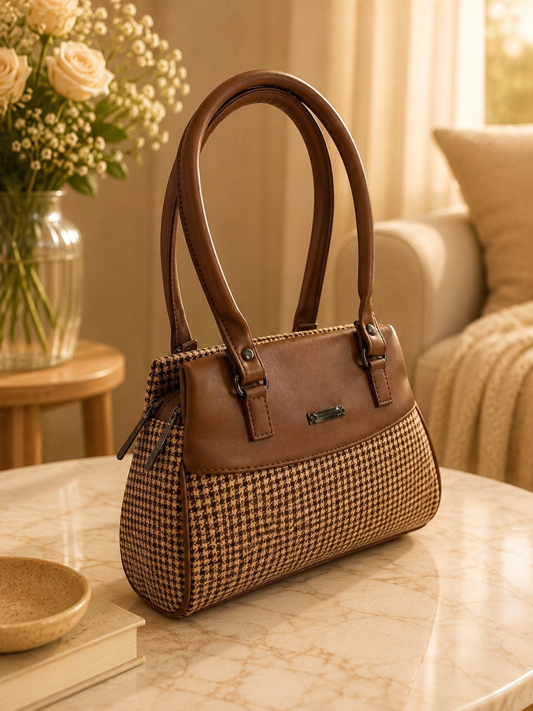 Women’s Stylish Handbag | Premium Houndstooth Pattern Tote Bag | Spacious 3-Zip Office & Daily Use Shoulder Bag