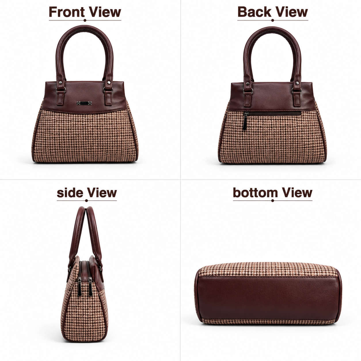 Women’s Stylish Handbag | Premium Houndstooth Pattern Tote Bag | Spacious 3-Zip Office & Daily Use Shoulder Bag
