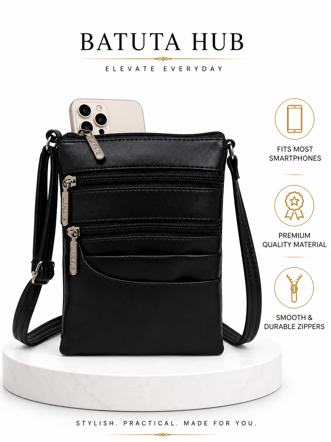 Women's Premium Faux Leather Crossbody Sling Bag with Multiple Zip Pockets